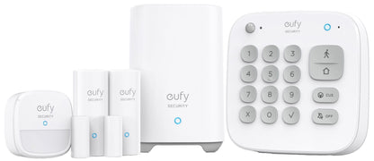Witte Eufy 5-in-1 alarmsysteem set met HomeBase, cijferpaneel, bewegingssensor en twee deur- en raamsensoren.