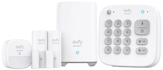 Witte Eufy 5-in-1 alarmsysteem set met HomeBase, cijferpaneel, bewegingssensor en twee deur- en raamsensoren.