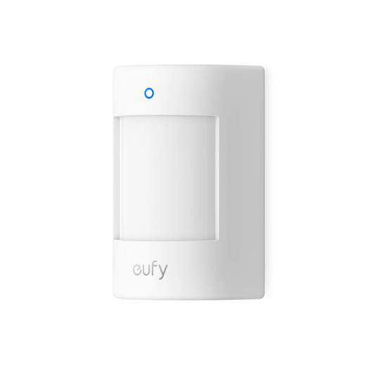 Witte, compacte Eufy E20 draadloze bewegingssensor met blauw indicatielampje en strak design.