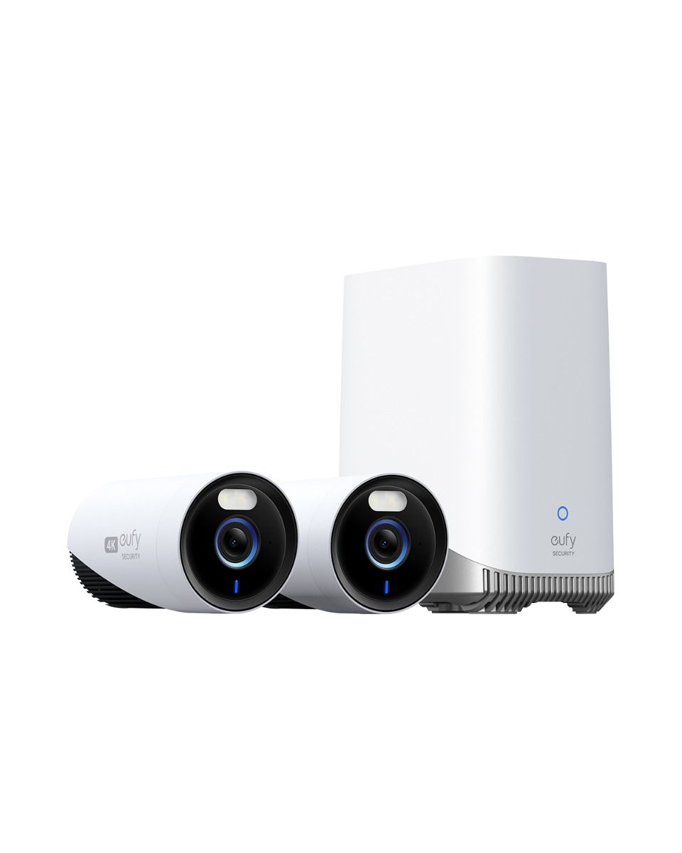 Eufy E330 beveiligingsset met twee witte 4K camera's en een Homebase 3 voor 24/7 opname.