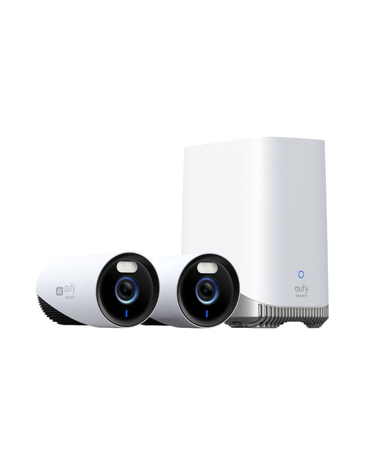 Eufy E330 beveiligingsset met twee witte 4K camera's en een Homebase 3 voor 24/7 opname.