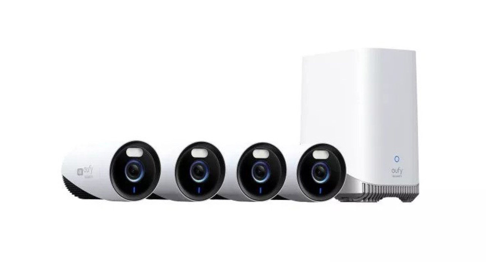 Eufy E330 beveiligingsset met vier witte 4K-camera's en een witte Homebase 3 met 1TB SSD opslag.