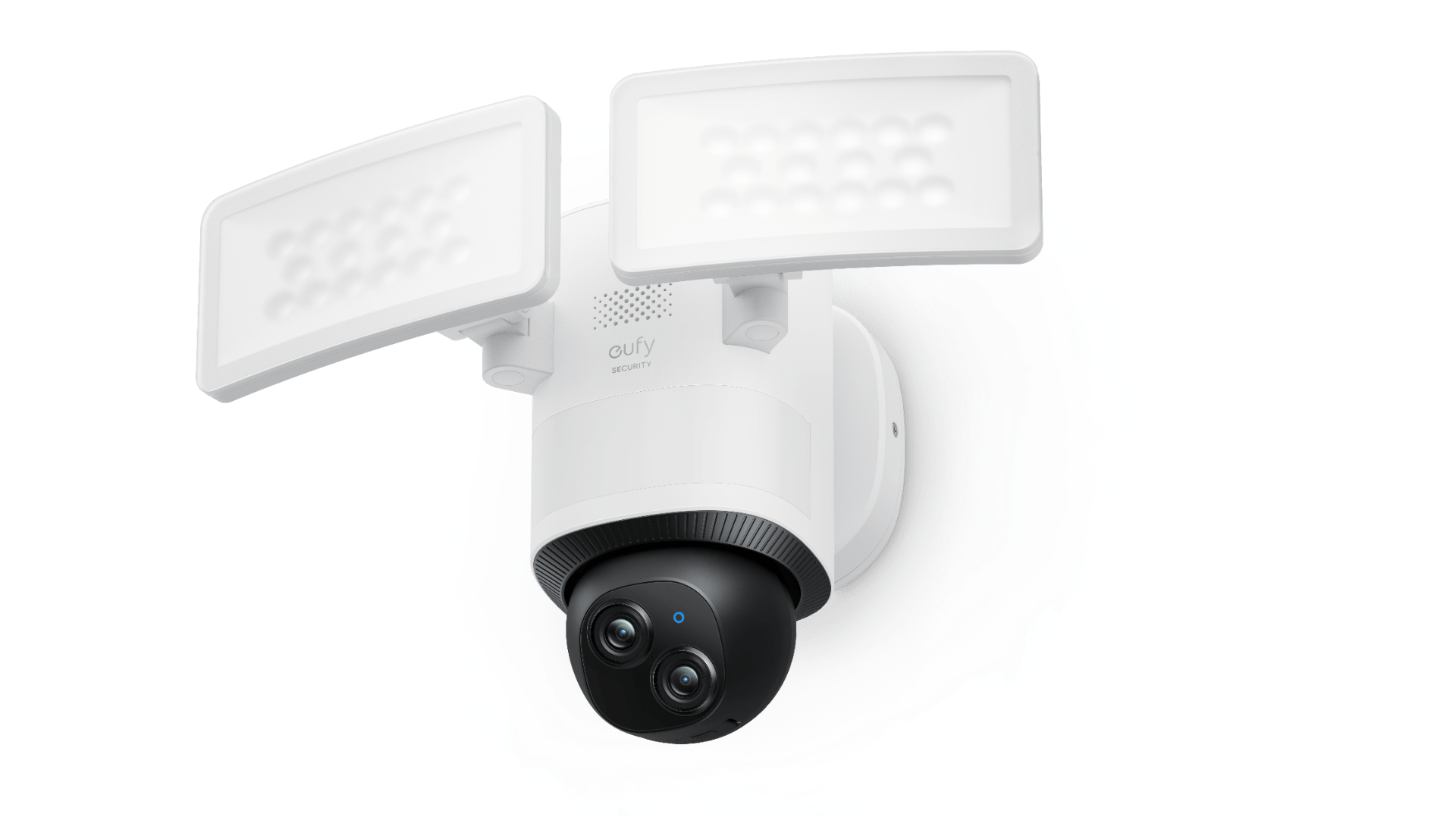 Witte Eufy E340 dual-lens floodlight-camera met twee LED-panelen en een zwarte 360° PTZ-camerakop.