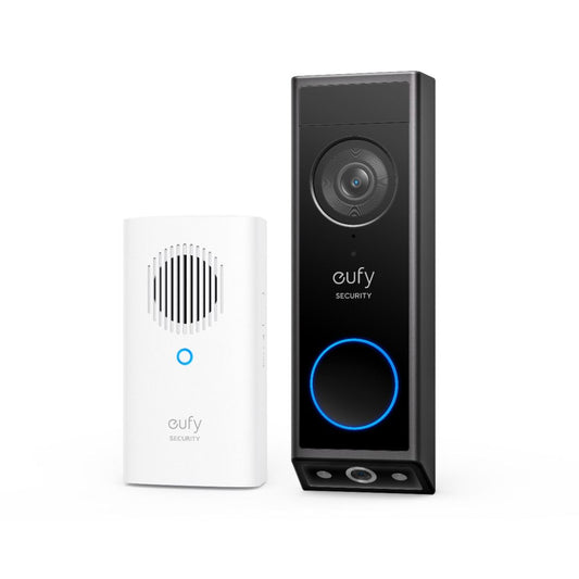 Zwarte Eufy E340 draadloze videodeurbel met camera en witte bijbehorende gong met blauwe led-indicator.