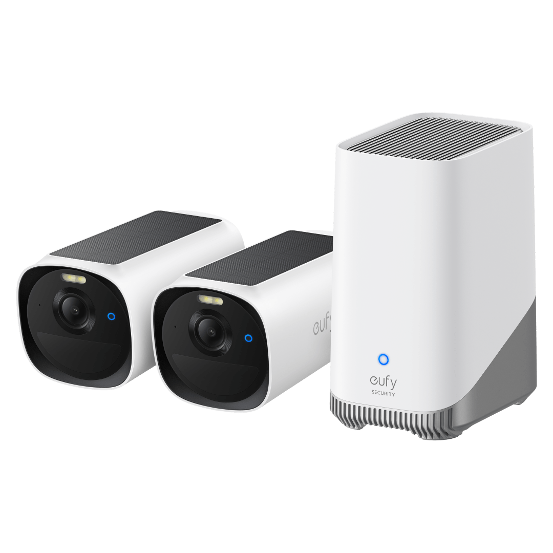 Twee witte Eufy E40 2K-camera's met zonnepaneel en een witte Homebase 3 beveiligingsstation.