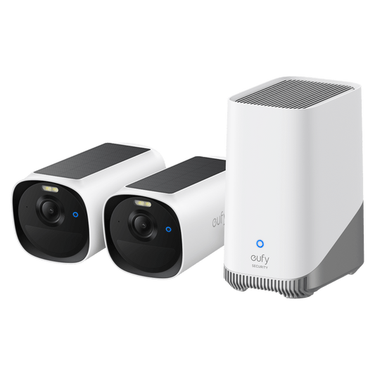 Twee witte Eufy E40 2K-camera's met zonnepaneel en een witte Homebase 3 beveiligingsstation.