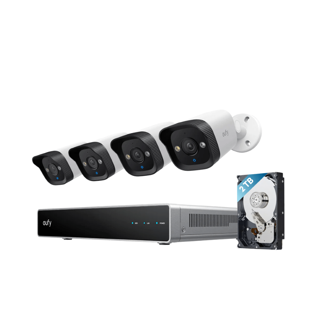 Eufy E40 PoE beveiligingsset met vier witte 4K bullet camera's, NVR-recorder en 2TB harde schijf.