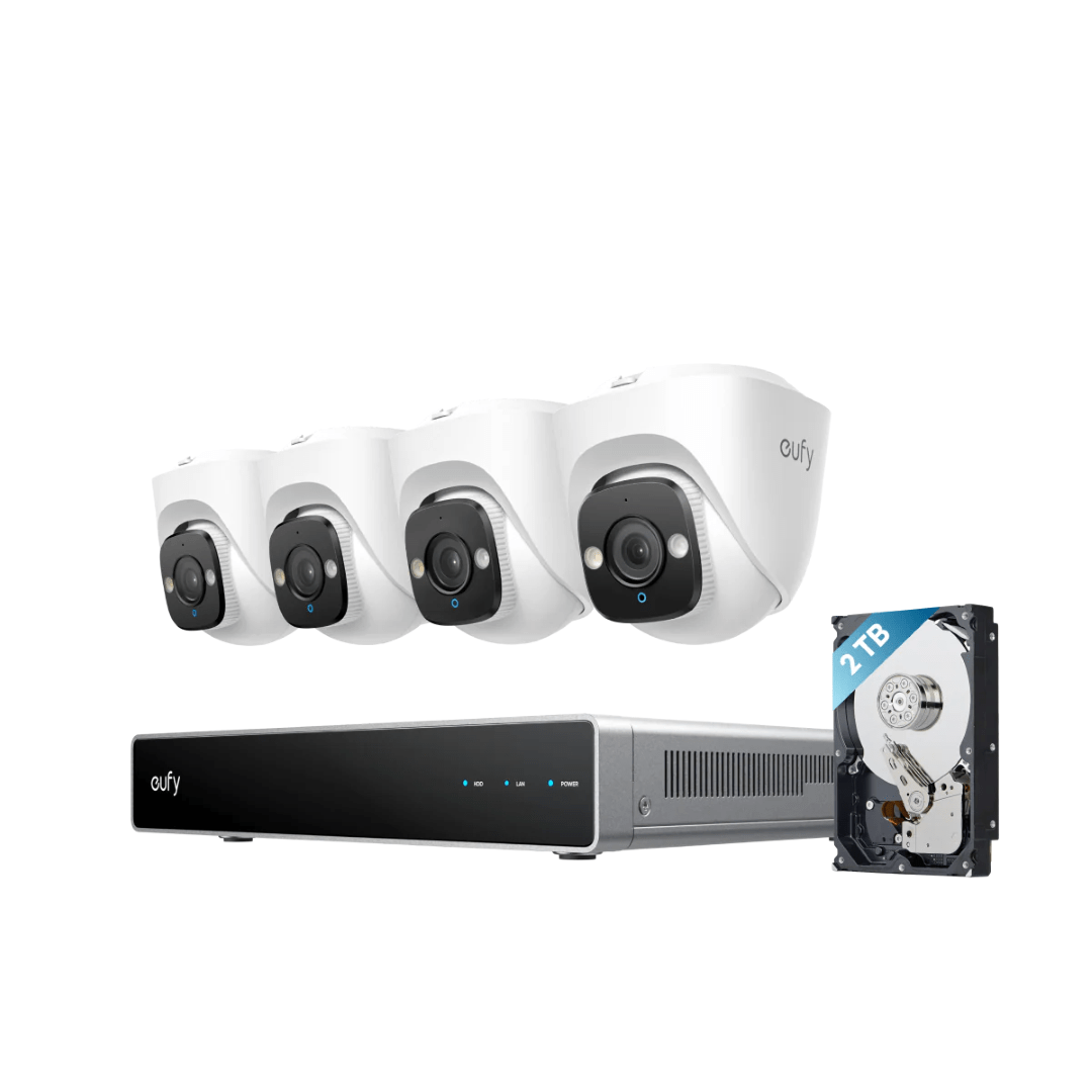 Eufy E41 PoE beveiligingsset met vier witte 4K turret camera's, NVR-recorder en 2TB harde schijf.