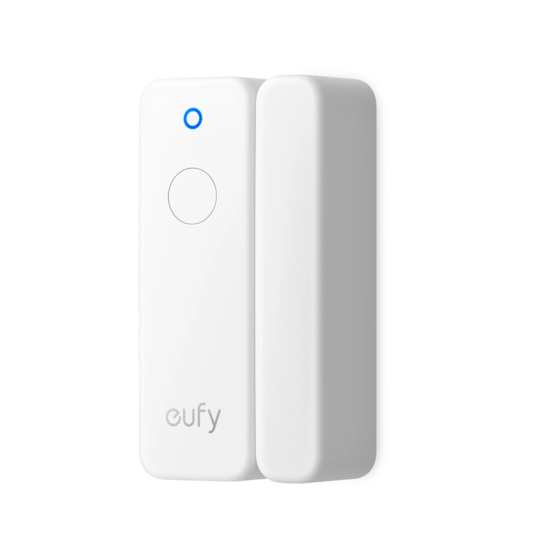 Witte Eufy Entry Sensor E20 draadloze deur- en raamsensor met blauw statuslampje en compact design.
