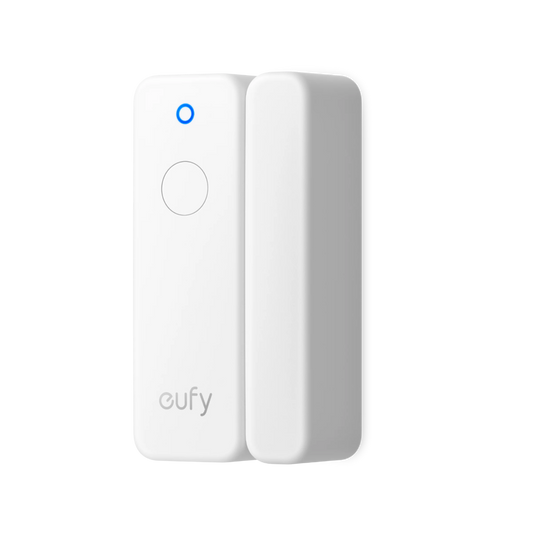 Witte Eufy Entry Sensor E20 draadloze deur- en raamsensor met blauw statuslampje en compact design.