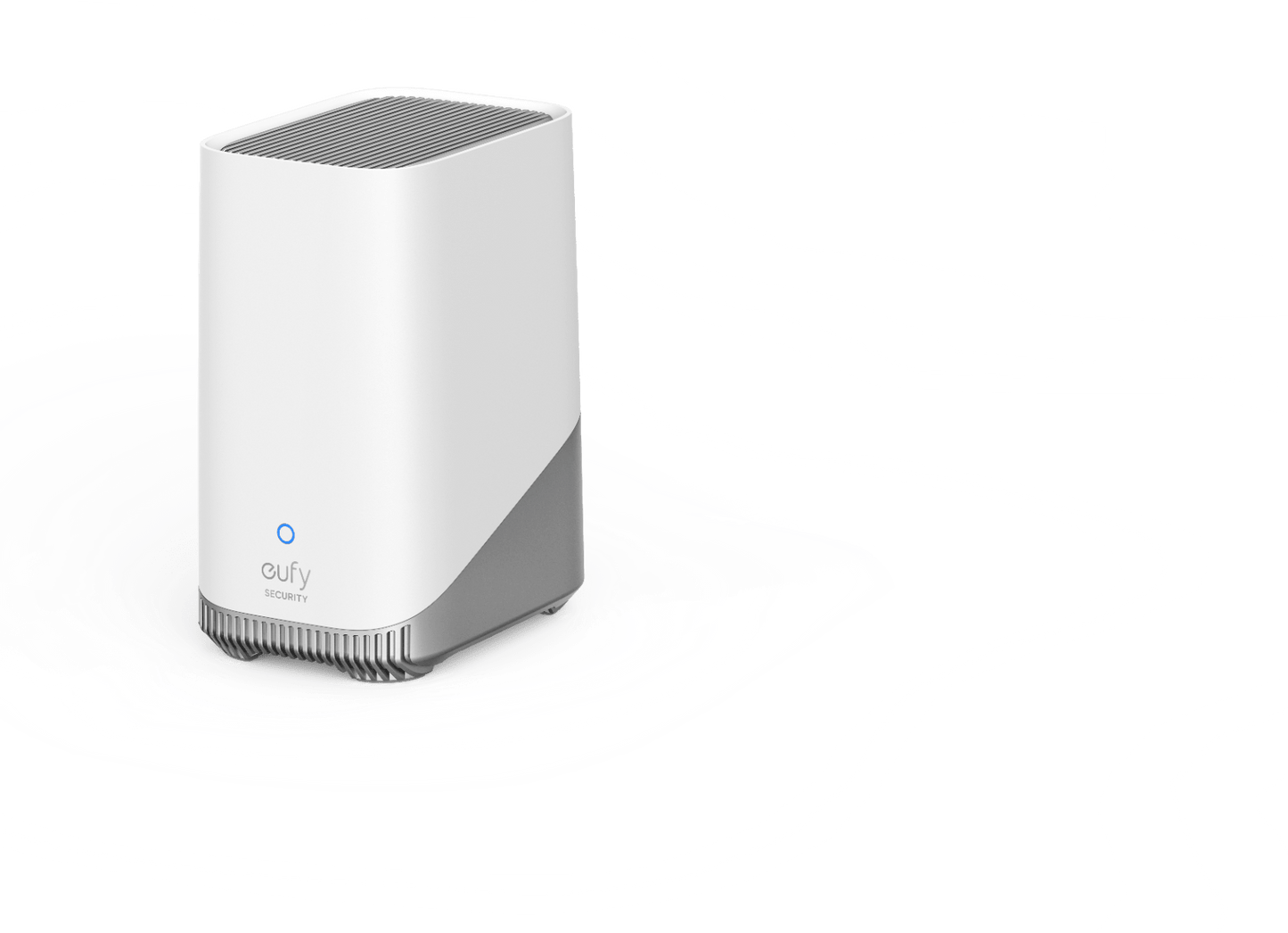 Witte Eufy Homebase 3 met grijs design, blauw statuslampje en gestroomlijnde behuizing voor EufyCam beveiligingssystemen.