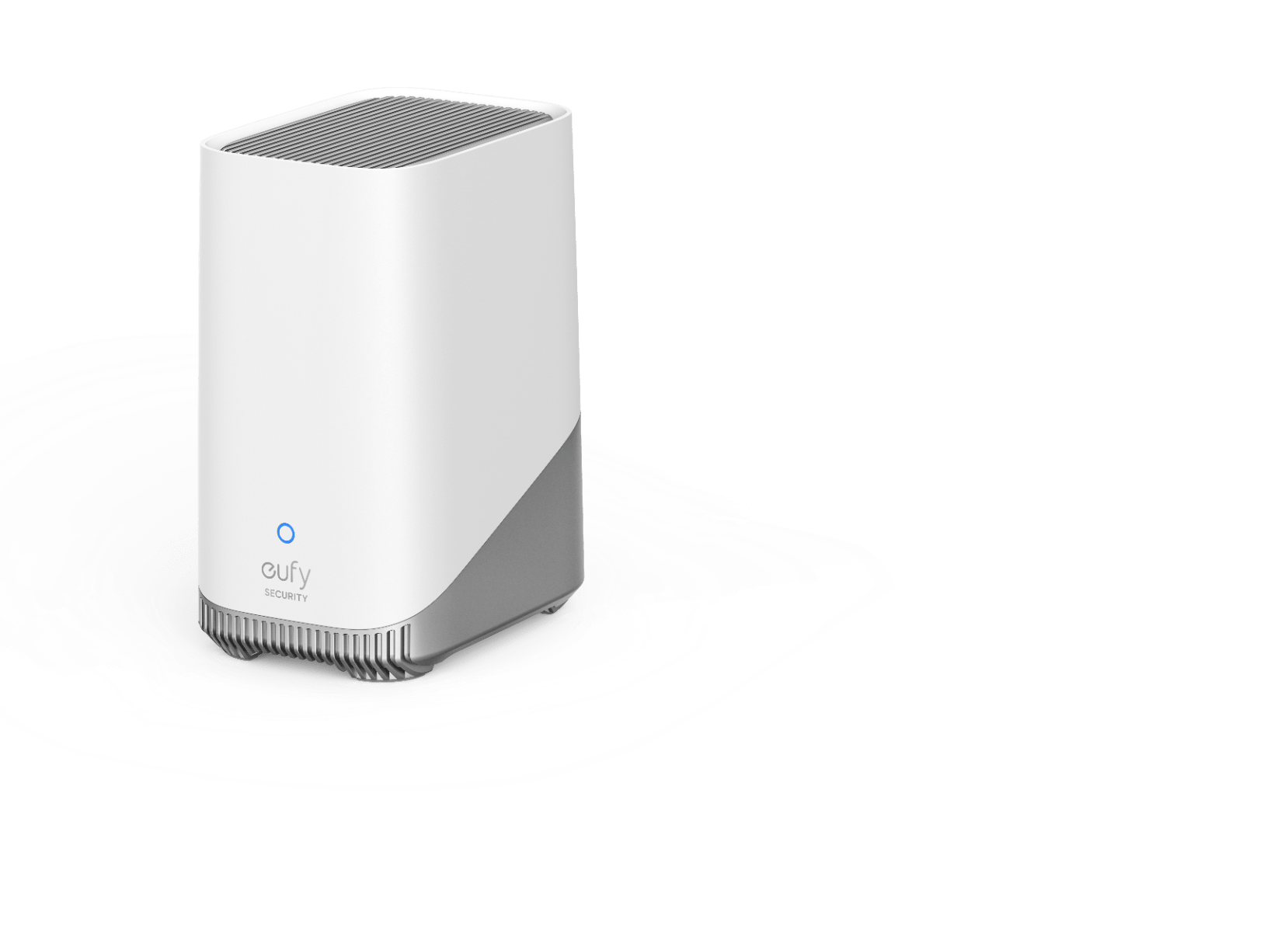 Witte Eufy Homebase 3 met grijs design, blauw statuslampje en strakke behuizing voor draadloze beveiligingssystemen.