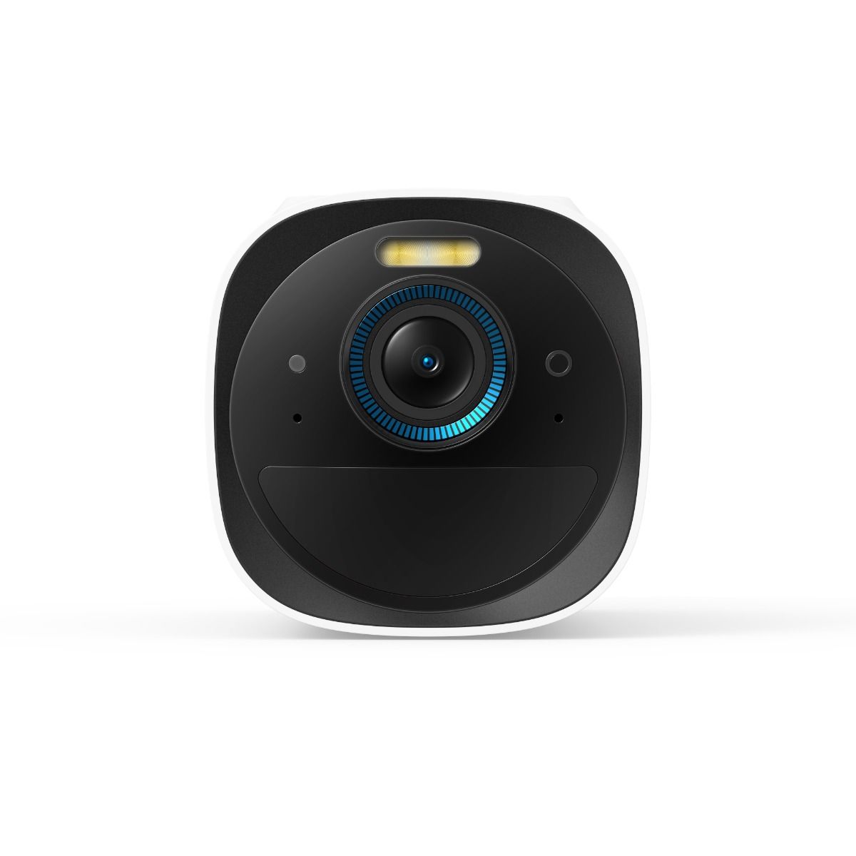 EufyCam 3 draadloze 4K beveiligingscamera met zwarte lens, ingebouwde spotlight en blauwe ringverlichting.