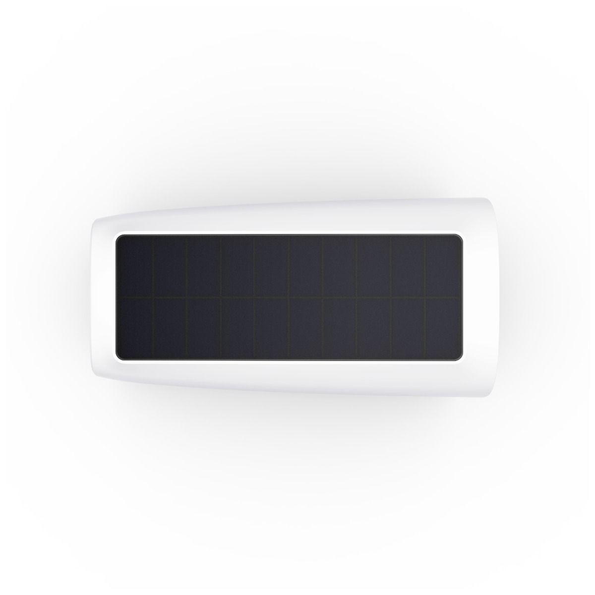 Witte EufyCam 3 beveiligingscamera met geïntegreerd zwart zonnepaneel op de bovenzijde.