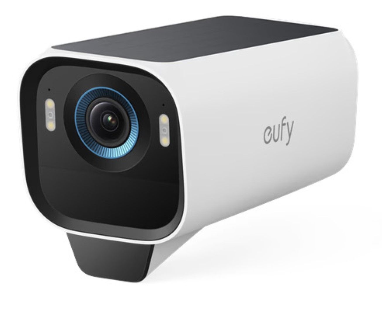Witte EufyCam S3 Pro 4K beveiligingscamera met geïntegreerd zonnepaneel aan de bovenzijde en blauwe lensring.