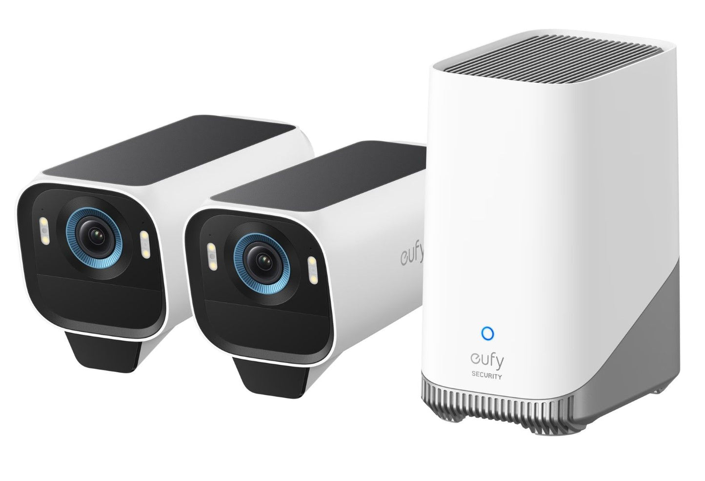 Twee witte EufyCam S3 Pro 4K-camera's met zonnepanelen en een witte Eufy Homebase 3 beveiligingsstation.