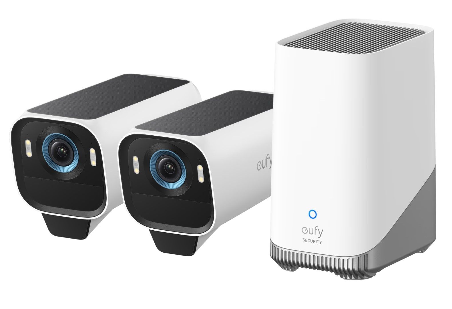 Twee witte EufyCam S3 Pro 4K-camera's met zonnepanelen en een witte Eufy Homebase 3 beveiligingsstation.