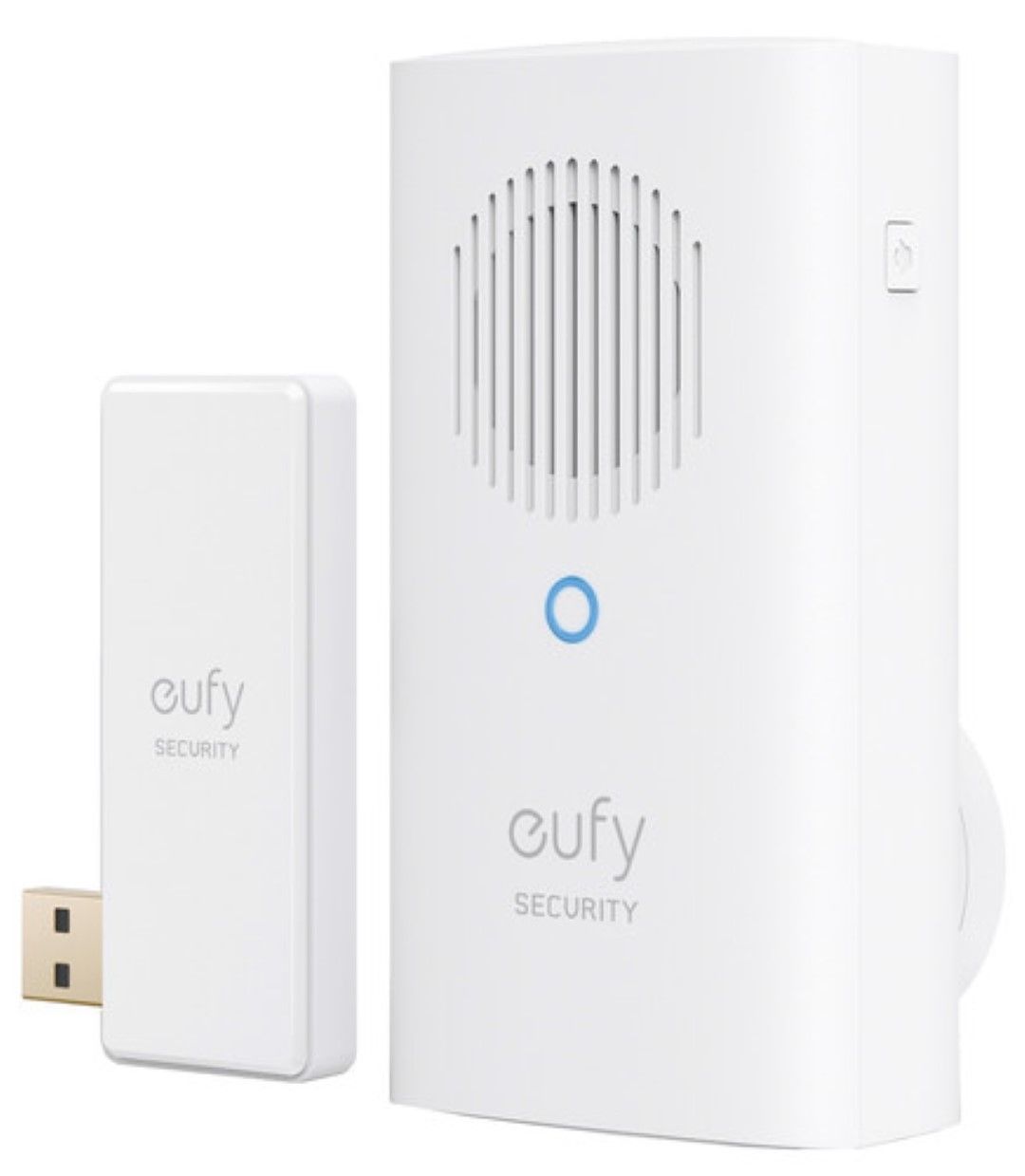 Witte Eufy draadloze deurbelgong met USB-dongle en luidsprekerrooster voor slimme deurbelsystemen.