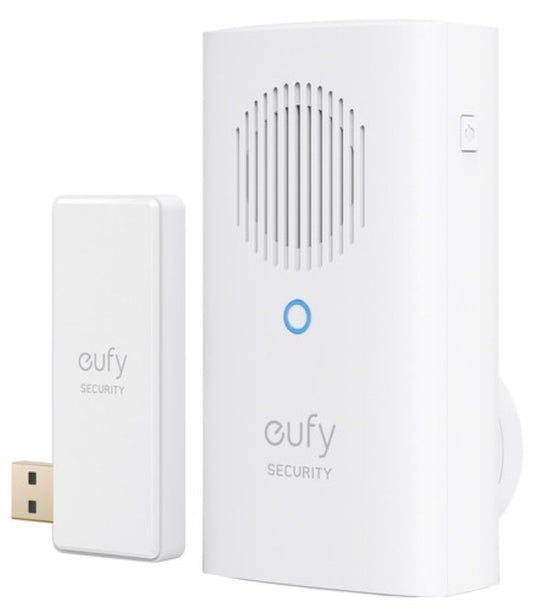 Witte Eufy draadloze deurbelgong met USB-dongle en luidsprekerrooster voor slimme deurbelsystemen.