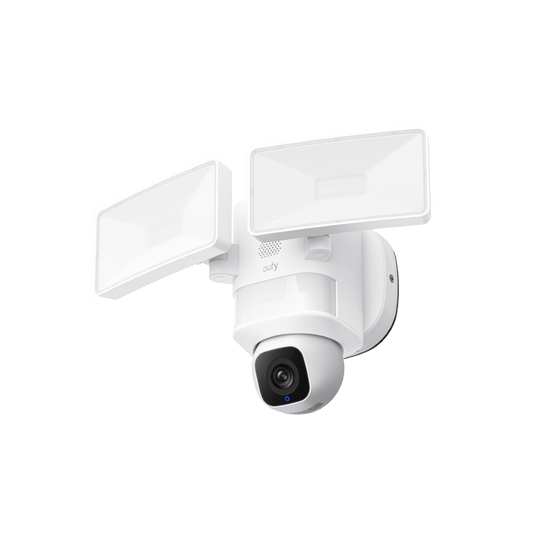 Witte Eufy Floodlight Camera E30 met twee verstelbare LED-lampen en een 360° draaibare 2K beveiligingscamera.