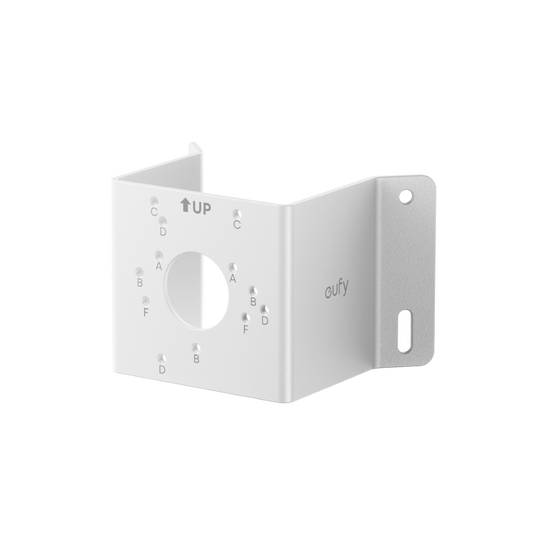 Witte metalen Eufy hoekmontagebeugel voor beveiligingscamera's met montagegaten en een weerbestendige coating.