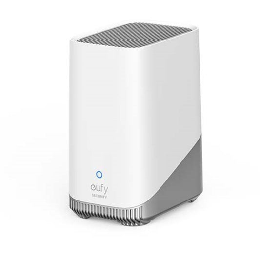 Witte Eufy HomeBase 3 S380 met grijs voetstuk, geribbeld bovendeel en blauw statuslampje op een witte achtergrond.