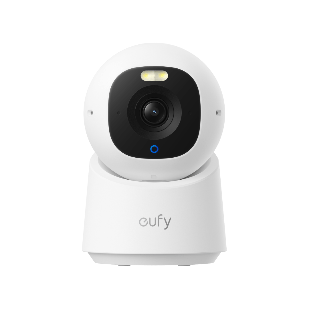 Witte Eufy Indoor Cam E30 4K beveiligingscamera met draaibare lens, zwarte cameramodule en blauw statuslampje.