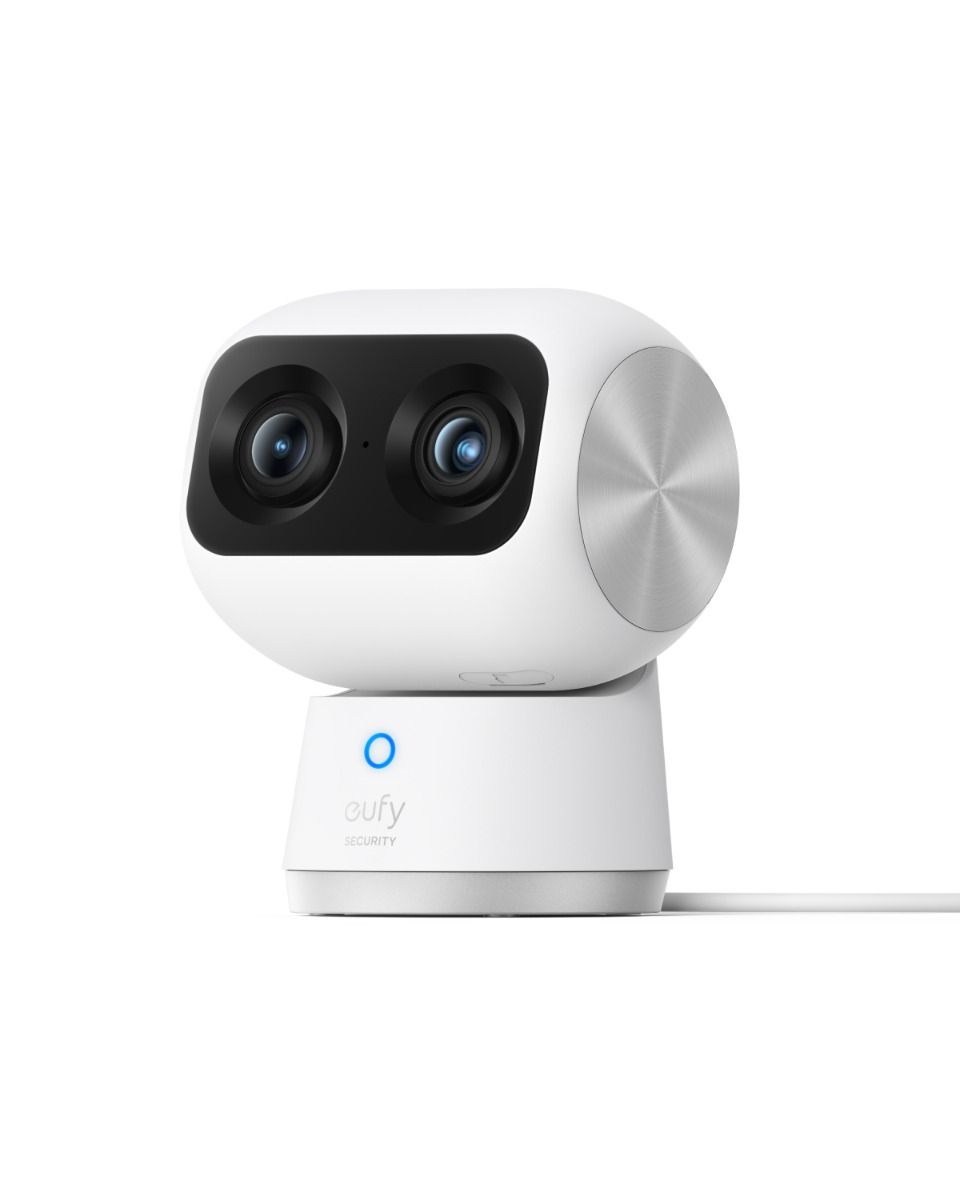 Witte Eufy Indoor Cam S350 beveiligingscamera met dubbele lens, 360 graden draaibaar ontwerp en blauw statuslampje.