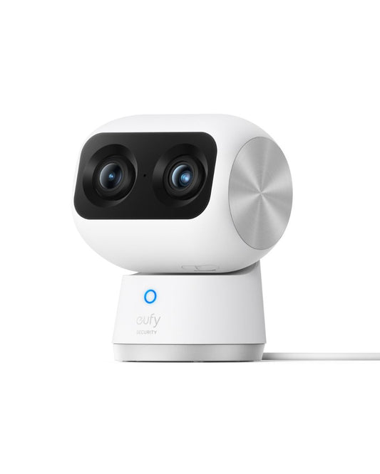 Witte Eufy Indoor Cam S350 beveiligingscamera met dubbele lens, 360 graden draaibaar ontwerp en blauw statuslampje.