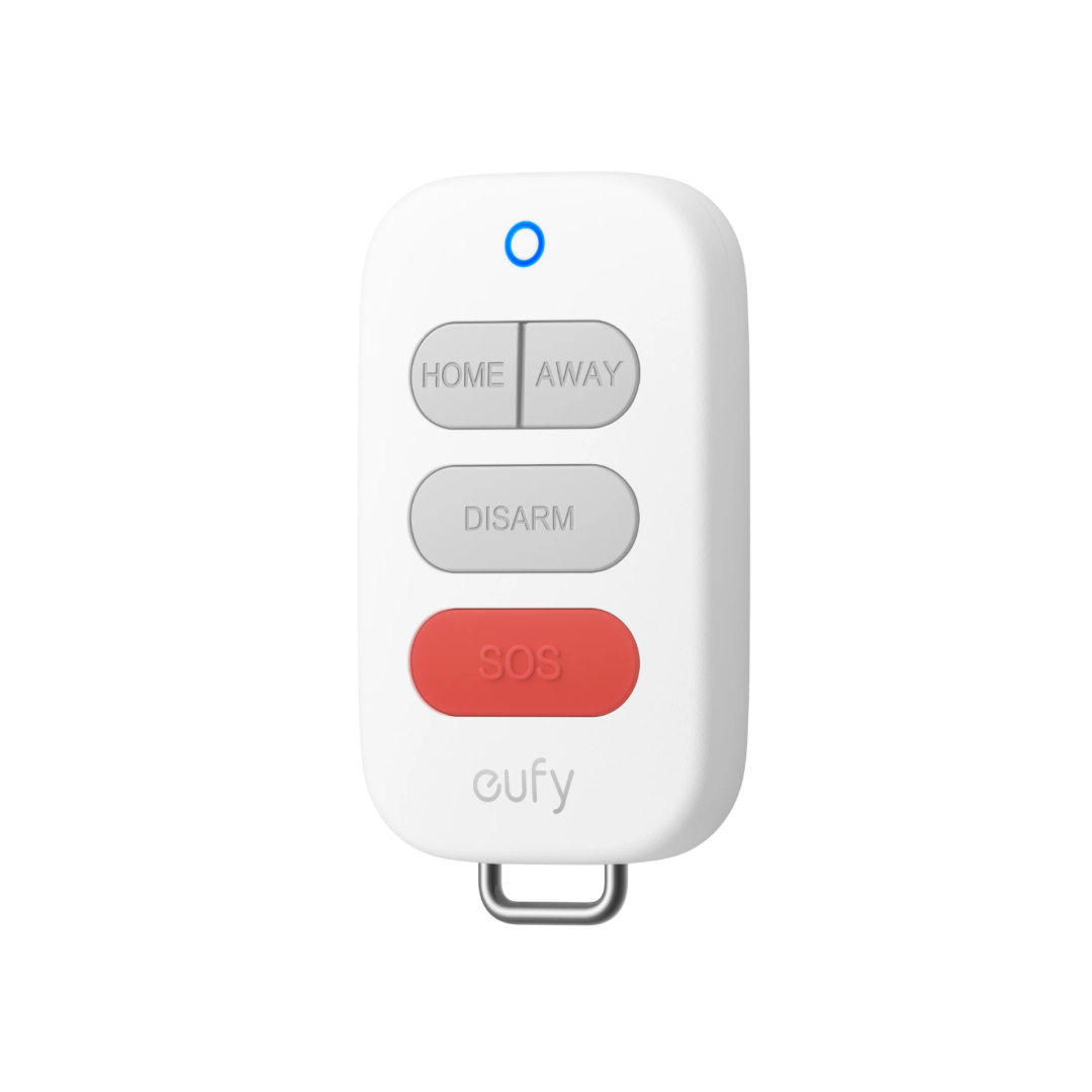 Witte Eufy Key Fob E10 afstandsbediening met vier knoppen, inclusief een rode SOS-knop en een metalen sleutelhangerring.