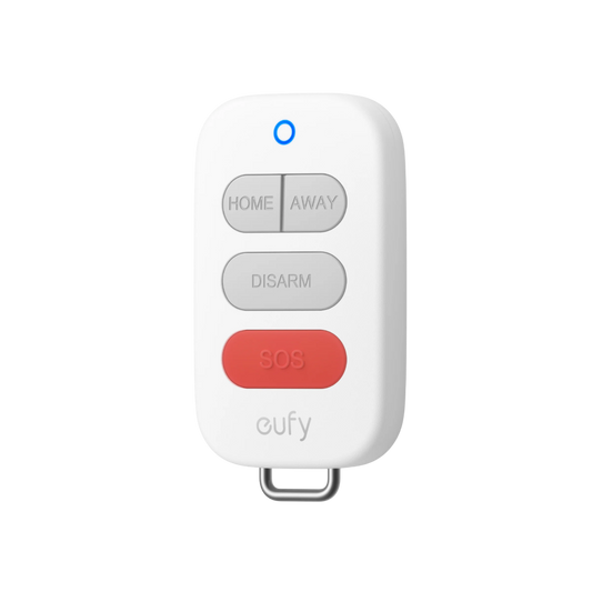 Witte Eufy Key Fob E10 afstandsbediening met vier knoppen, inclusief een rode SOS-knop en een metalen sleutelhangerring.