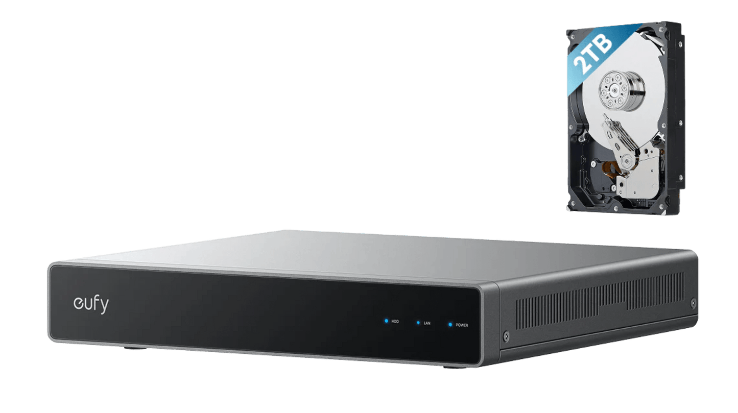 Eufy NVR S4 netwerkrecorder in strak zwart design met 2TB harde schijf voor 8-16 kanaals camerabeveiliging.