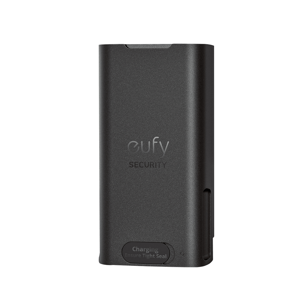 Zwarte Eufy oplaadbare lithium-ion batterij met USB-C poort en Eufy Security logo voor de E340 videodeurbel.