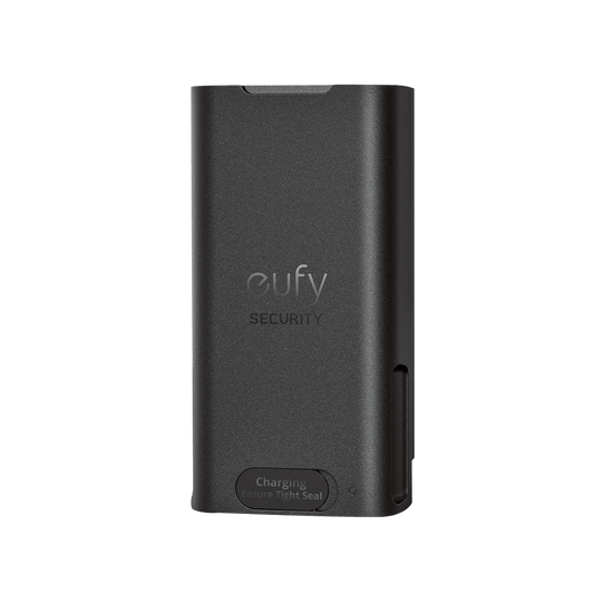 Zwarte Eufy oplaadbare lithium-ion batterij met USB-C poort en Eufy Security logo voor de E340 videodeurbel.