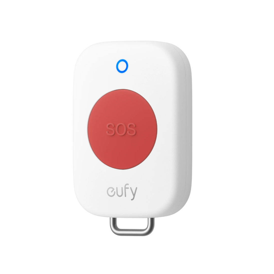 Witte Eufy Panic Button E10 met een rode SOS-knop, blauw statuslampje en zilveren bevestigingsring.