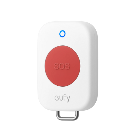 Witte Eufy Panic Button E10 met een rode SOS-knop, blauw statuslampje en zilveren bevestigingsring.