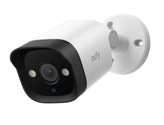 Witte Eufy PoE Bullet E40 4K beveiligingscamera met zwarte lensbehuizing en ronde muurbevestiging.
