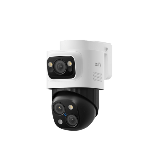 Witte Eufy PoE Bullet-PTZ S4 beveiligingscamera met zwart triple-lens systeem voor 360 graden dekking.