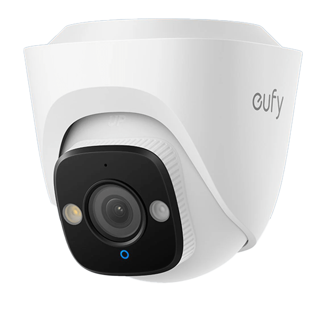 Witte Eufy PoE Turret E41 4K beveiligingscamera met compact dome-ontwerp en zwarte lensmodule.