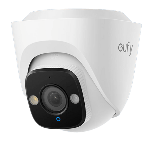 Witte Eufy PoE Turret E41 4K beveiligingscamera met compact dome-ontwerp en zwarte lensmodule.