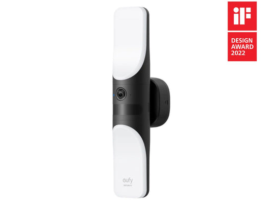 Eufy S100 wandlamp met 2K beveiligingscamera en strak zwart-wit design voor buiten.