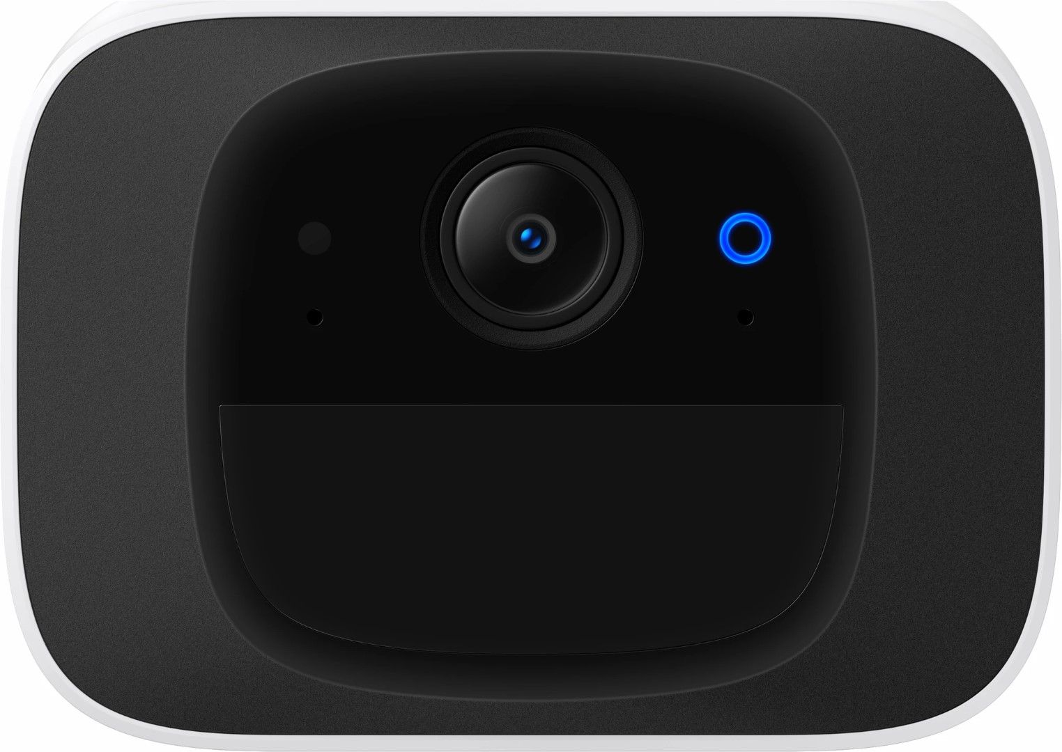 Eufy S220 SoloCam 2K beveiligingscamera met zwarte lens, witte behuizing en blauw statuslampje voor buiten.