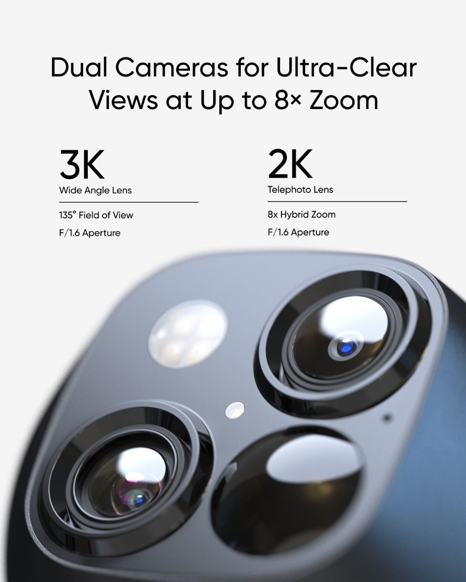 Eufy S340 beveiligingscamera met dual-lens systeem voor 3K groothoek en 2K telezoom met 8x zoom.