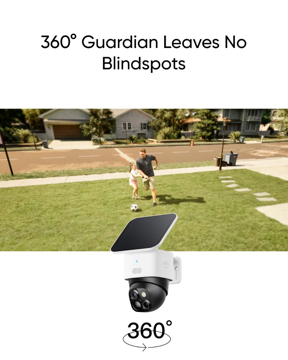 Witte Eufy S340 dual-lens beveiligingscamera met zonnepaneel die een gezin in de tuin monitort met 360° zicht.