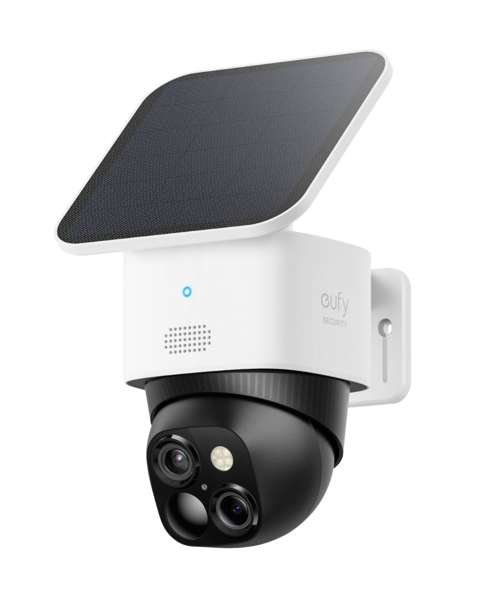Witte Eufy S340 dual-lens beveiligingscamera met zwart draaibaar cameragedeelte en geïntegreerd zonnepaneel.
