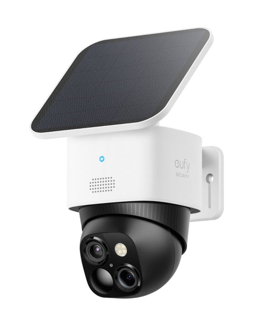 Witte Eufy S340 dual-lens beveiligingscamera met zwart draaibaar cameragedeelte en geïntegreerd zonnepaneel.