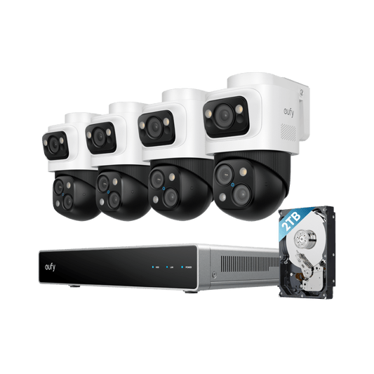 Eufy S4 Max PoE-beveiligingsset met vier witte triple-lens PTZ-camera's, NVR-recorder en 2TB harde schijf.