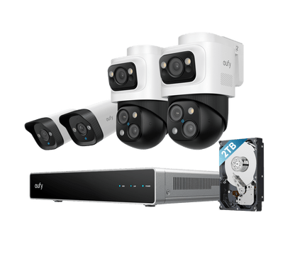 Eufy S4 PoE beveiligingssysteem met twee 4K bullet camera's, twee 4K PTZ camera's, NVR en 2TB harde schijf.