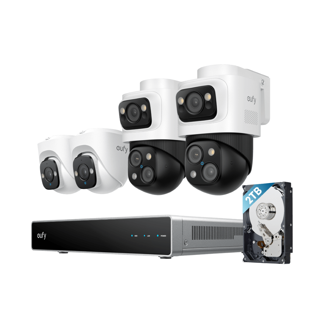 Eufy S4 PoE-beveiligingsset met twee witte 4K turret-camera's, twee 4K bullet-PTZ-camera's en een NVR met 2TB harde schijf.