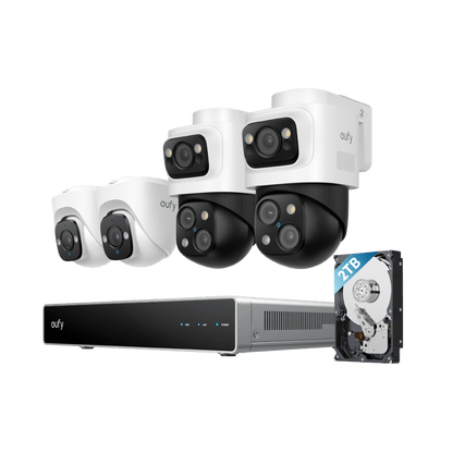 Eufy S4 PoE-beveiligingsset met twee witte 4K turret-camera's, twee 4K bullet-PTZ-camera's en een NVR met 2TB harde schijf.